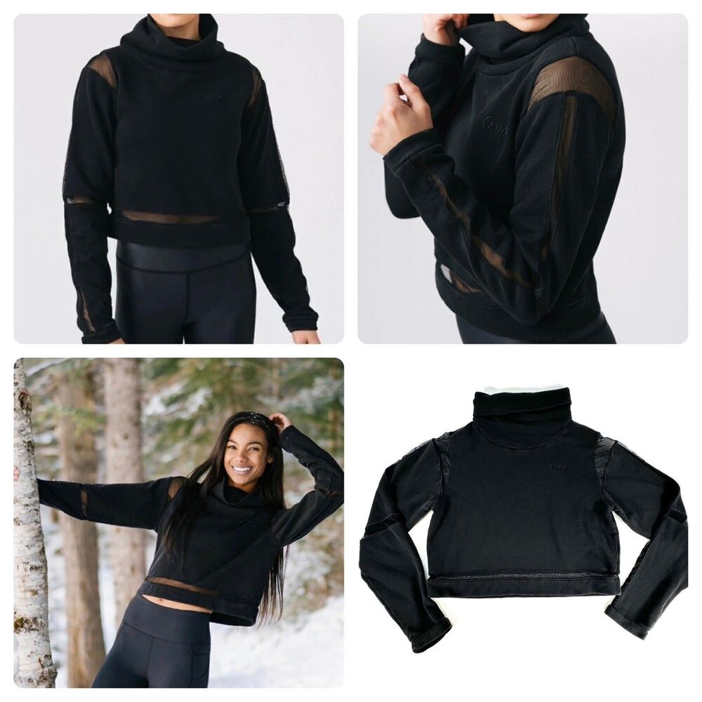 ZYIA ACTIVE Women's Cropped 847 Black Mesh Cowl Neck Sweatshirt Size XXL